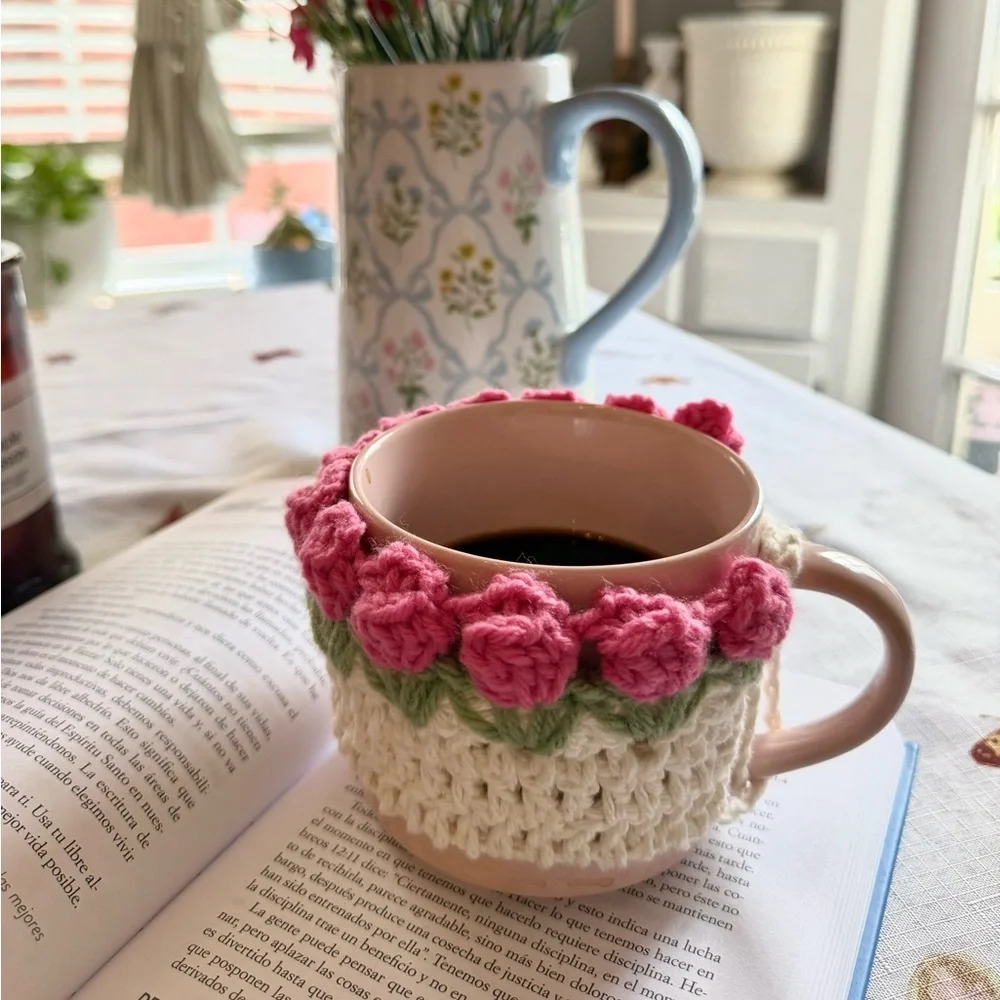 Handmade Crochet Pink Rose Mug Cozy - Floral Cup Sleeve / Warmer
